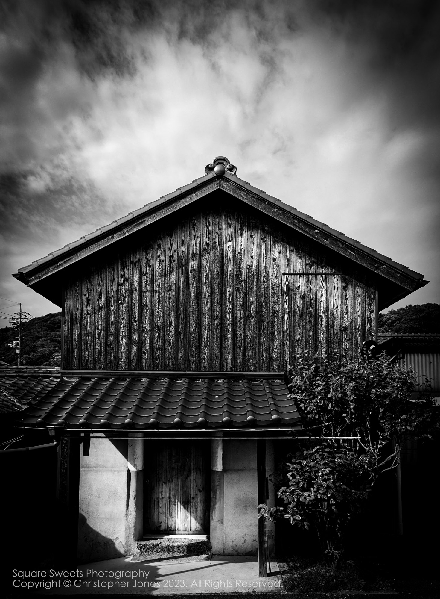 Weathered, carbonized house, Naoshima Island, Japan